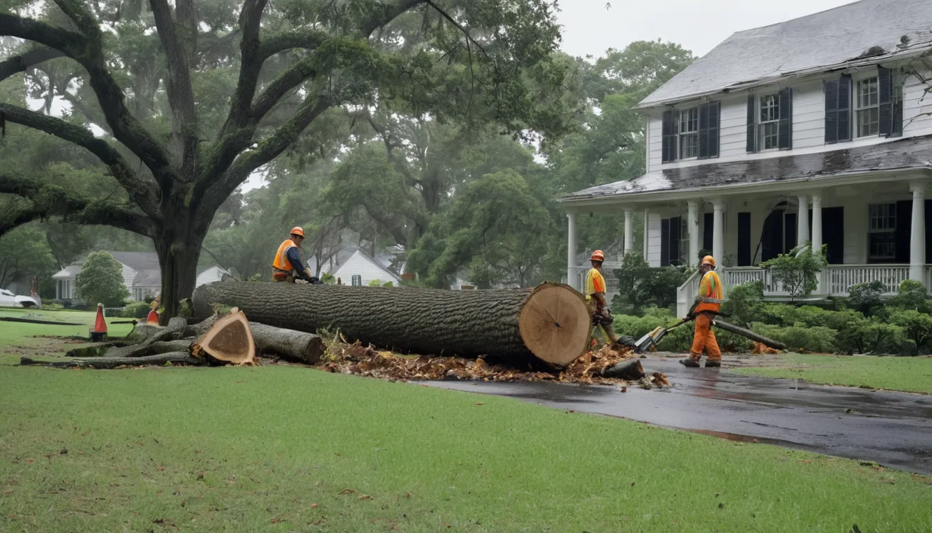 Tree provider crew clearing a fallen tree from a yard near an older home in La Plata