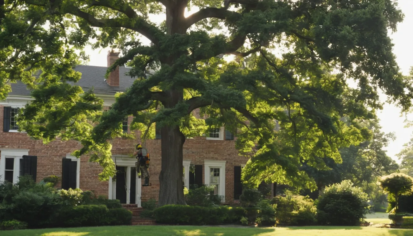 A tree removal provider working safely beside a colonial home in La Plata