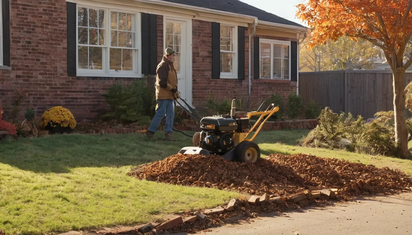 Stump grinding in a backyard near an older rowhouse in La Plata