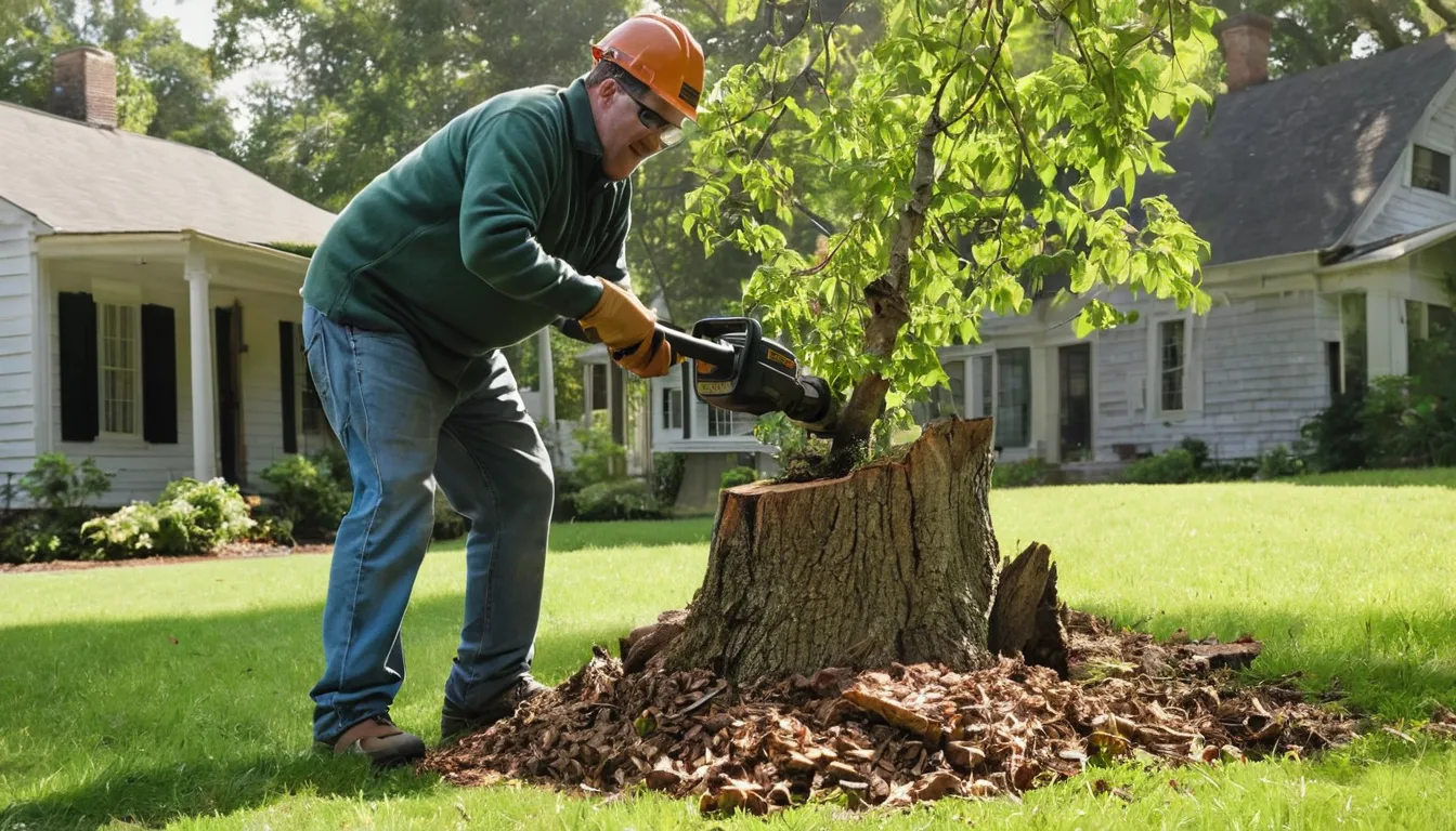 Stump grinder cutting an old tree stump beside a colonial home in La Plata