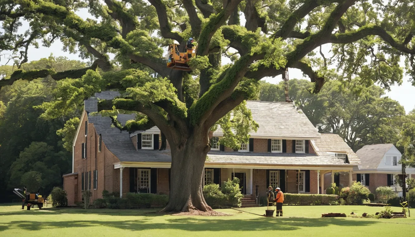 Tree removal provider cutting a large tree beside an older La Plata home
